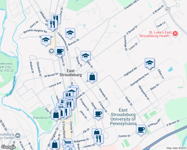 map of restaurants, bars, coffee shops, grocery stores, and more near 178 Grand Street in East Stroudsburg