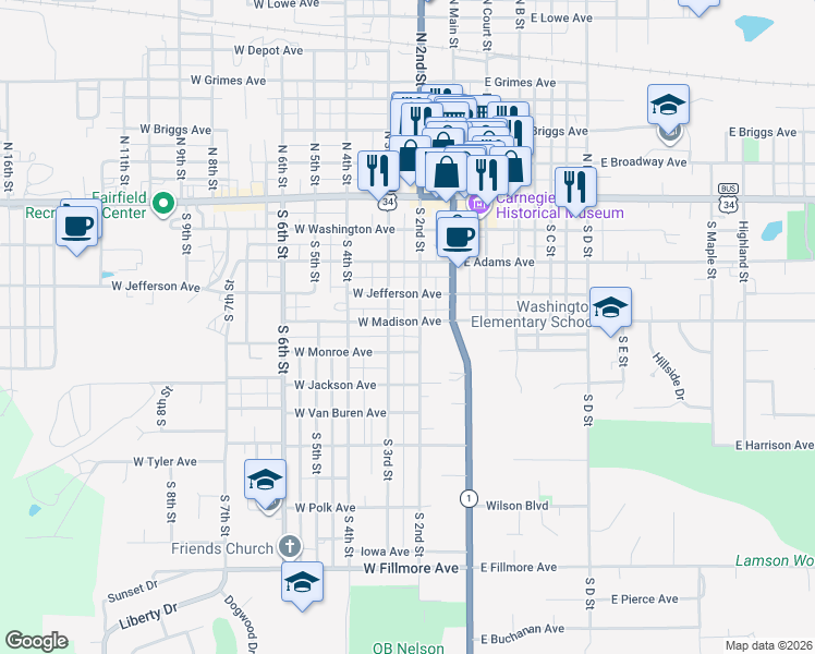 map of restaurants, bars, coffee shops, grocery stores, and more near 501-549 South 2nd Street in Fairfield