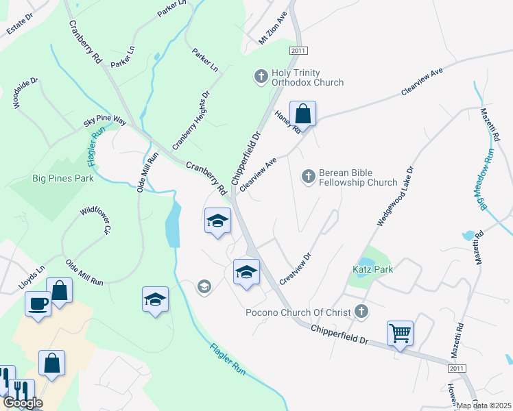 map of restaurants, bars, coffee shops, grocery stores, and more near 5 Stroud Wood Circle in Stroudsburg
