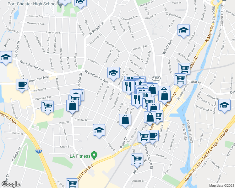 map of restaurants, bars, coffee shops, grocery stores, and more near 16 Washington Street in Port Chester