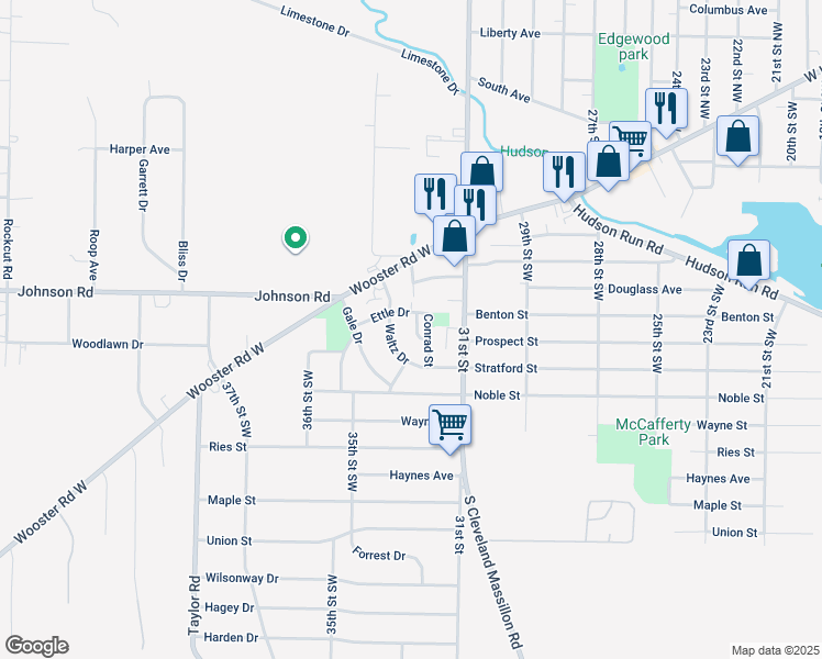 map of restaurants, bars, coffee shops, grocery stores, and more near 112 Meadow Court in Barberton