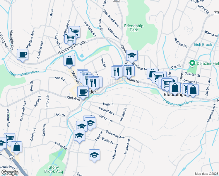 map of restaurants, bars, coffee shops, grocery stores, and more near 69 Main Street in Butler