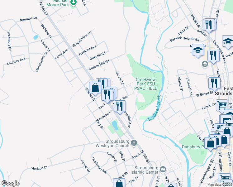 map of restaurants, bars, coffee shops, grocery stores, and more near 424 Shook Avenue in Stroudsburg