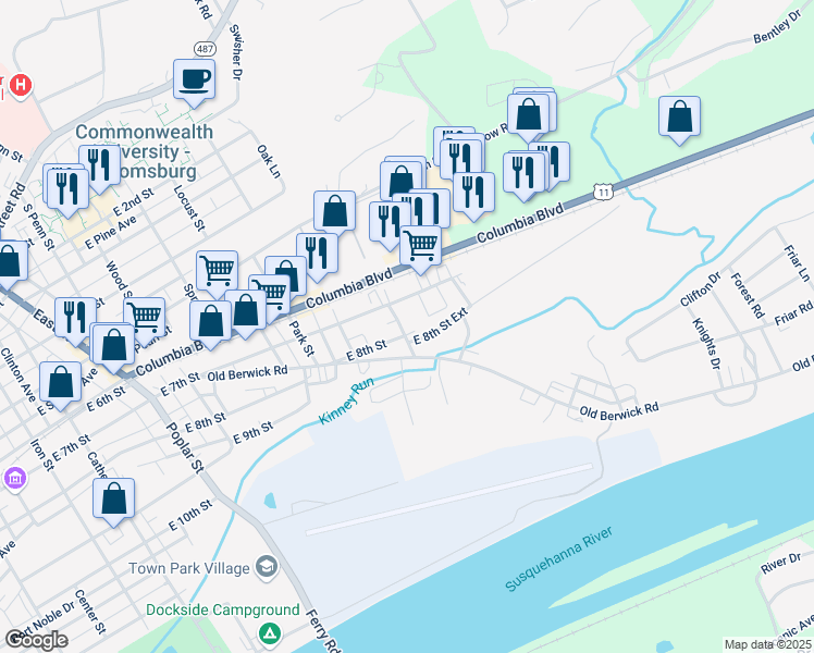 map of restaurants, bars, coffee shops, grocery stores, and more near 922 Ext E 8th Street in Bloomsburg