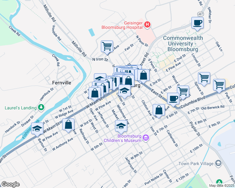 map of restaurants, bars, coffee shops, grocery stores, and more near 1620 East Main Street in Bloomsburg