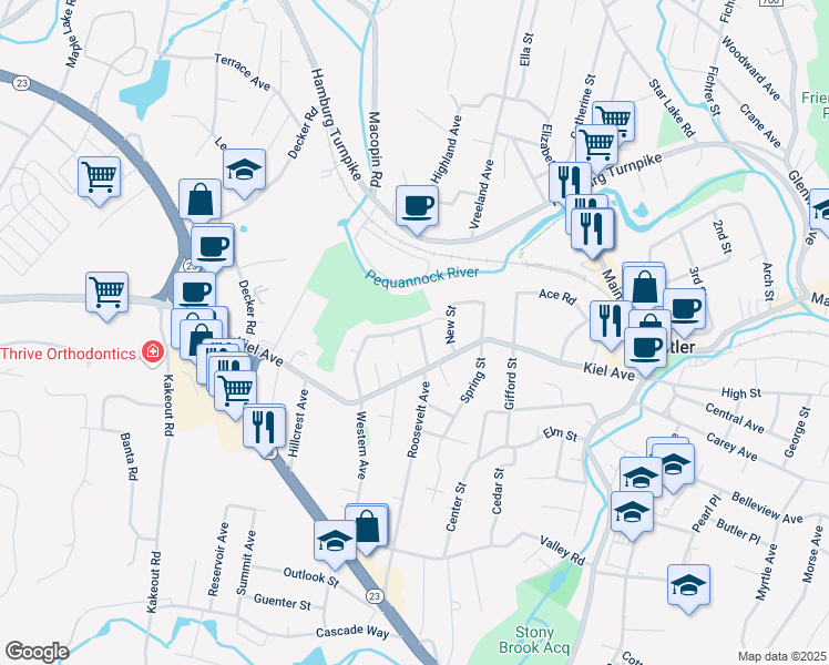 map of restaurants, bars, coffee shops, grocery stores, and more near 61 North Western Avenue in Butler