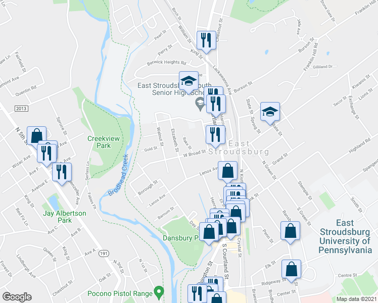map of restaurants, bars, coffee shops, grocery stores, and more near 48 West Broad Street in East Stroudsburg