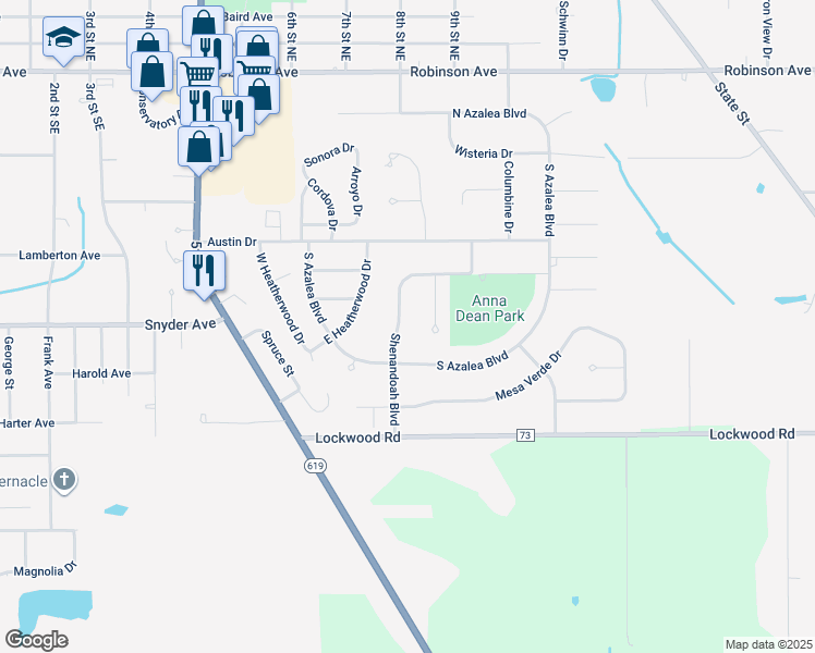 map of restaurants, bars, coffee shops, grocery stores, and more near 275 Shenandoah Boulevard in Barberton