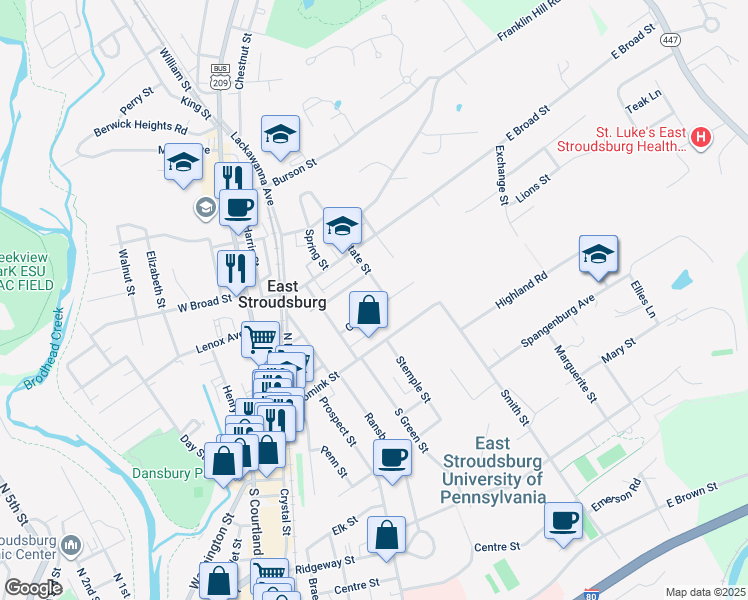 map of restaurants, bars, coffee shops, grocery stores, and more near 178 Grand Street in East Stroudsburg