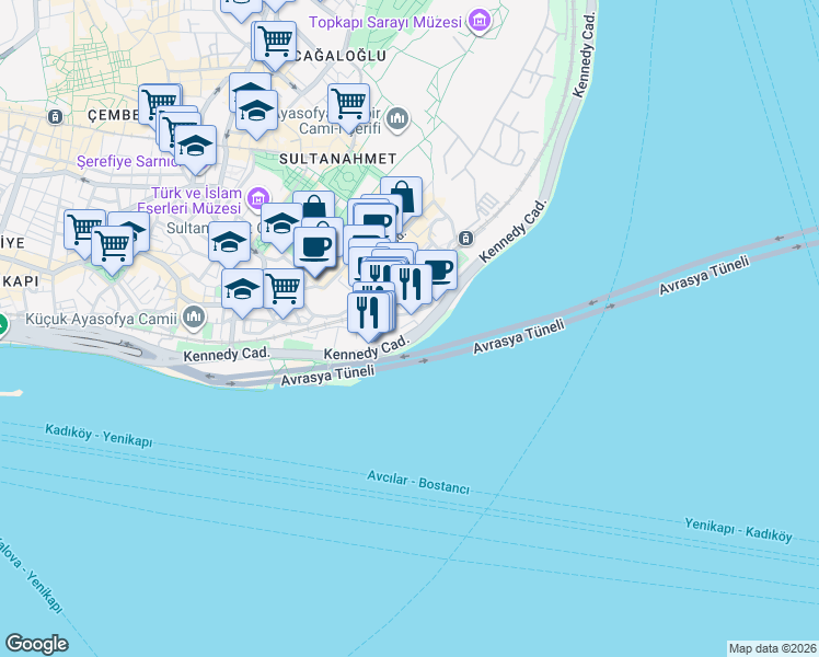 map of restaurants, bars, coffee shops, grocery stores, and more near 34 Kennedy Caddesi in Fatih