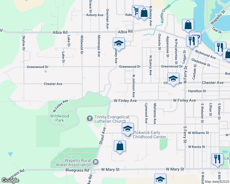 map of restaurants, bars, coffee shops, grocery stores, and more near 1598 Hamilton Street in Ottumwa