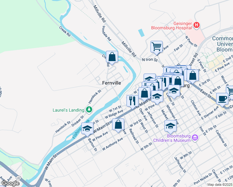 map of restaurants, bars, coffee shops, grocery stores, and more near 49 Bloom Street in Bloomsburg
