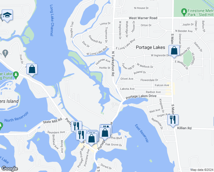 map of restaurants, bars, coffee shops, grocery stores, and more near 3156 Wagoner Street in Akron