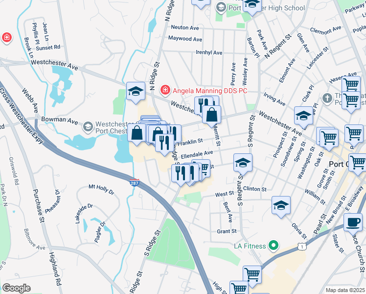 map of restaurants, bars, coffee shops, grocery stores, and more near 523 Ellendale Avenue in Rye Brook