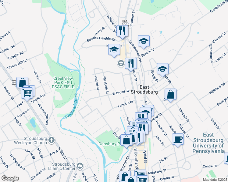 map of restaurants, bars, coffee shops, grocery stores, and more near 79 West Broad Street in East Stroudsburg
