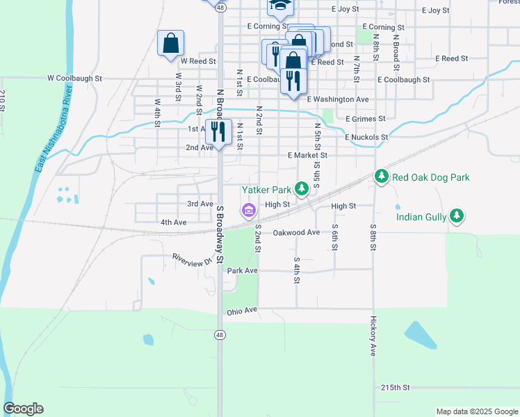 map of restaurants, bars, coffee shops, grocery stores, and more near 302 South 2nd Street in Red Oak