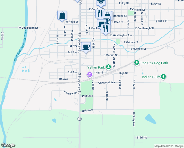 map of restaurants, bars, coffee shops, grocery stores, and more near 302 South 2nd Street in Red Oak