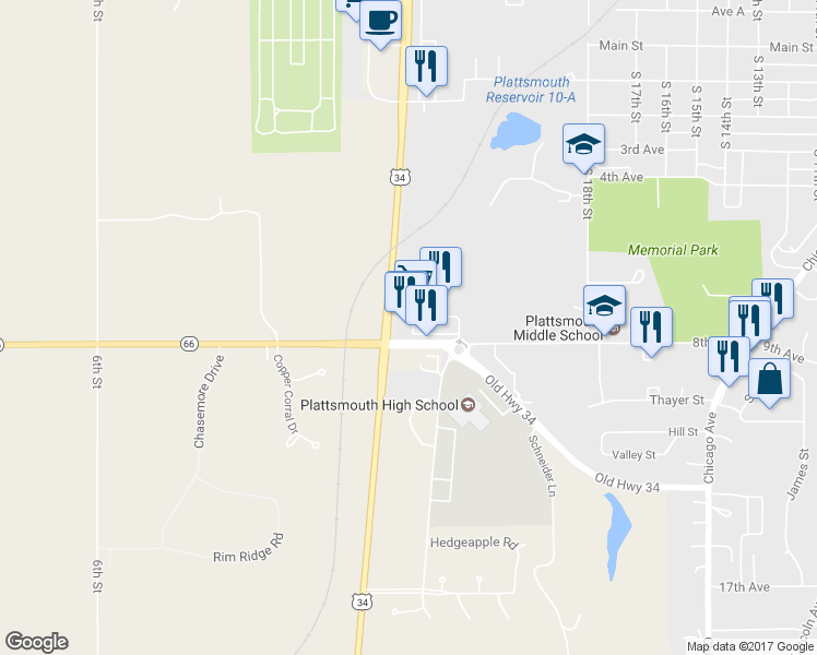 map of restaurants, bars, coffee shops, grocery stores, and more near 2412 8th Avenue in Plattsmouth