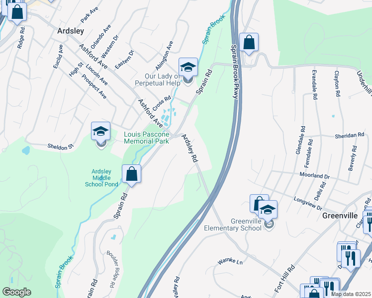 map of restaurants, bars, coffee shops, grocery stores, and more near 3 Cheshire Lane in Scarsdale