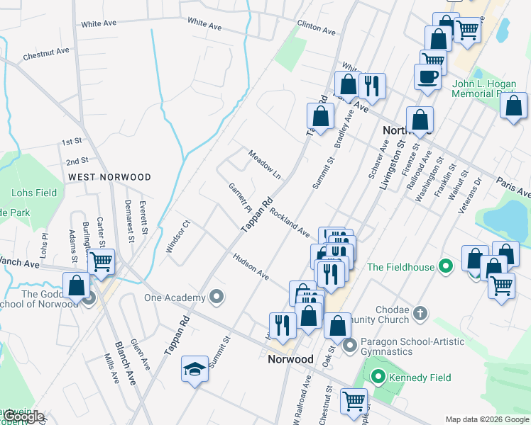 map of restaurants, bars, coffee shops, grocery stores, and more near 400 Tappan Road in Norwood
