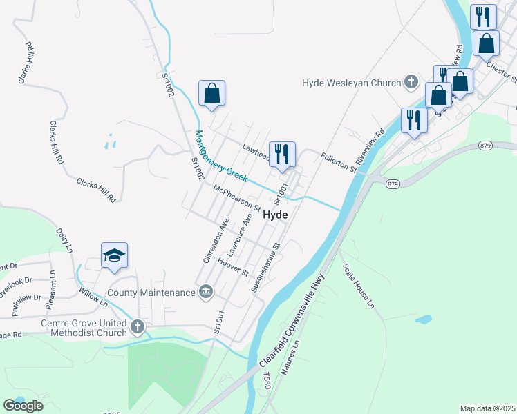 map of restaurants, bars, coffee shops, grocery stores, and more near 1601 Washington Avenue in Clearfield