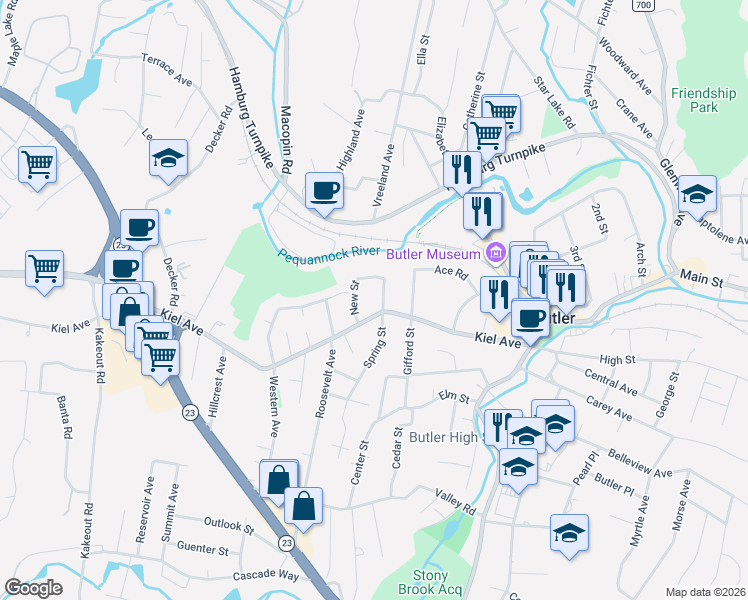 map of restaurants, bars, coffee shops, grocery stores, and more near 80 Kiel Avenue in Butler