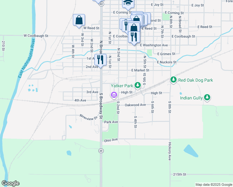 map of restaurants, bars, coffee shops, grocery stores, and more near 302 South 2nd Street in Red Oak