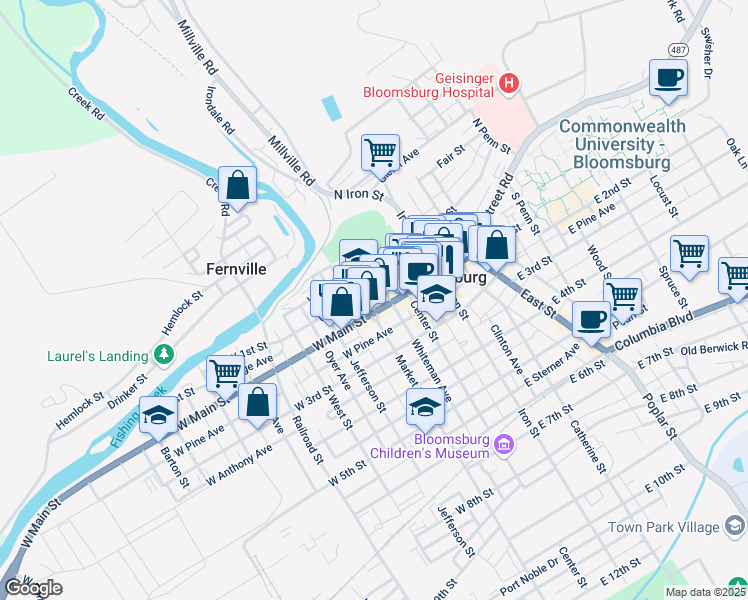 map of restaurants, bars, coffee shops, grocery stores, and more near 102 West Main Street in Bloomsburg