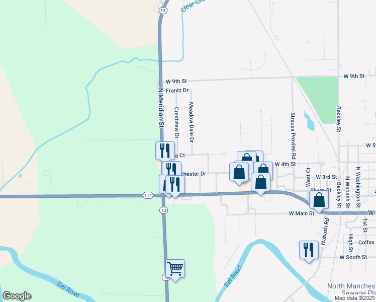 map of restaurants, bars, coffee shops, grocery stores, and more near 1601 Villa Court in North Manchester