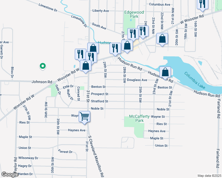 map of restaurants, bars, coffee shops, grocery stores, and more near 1317 Prospect Street in Barberton