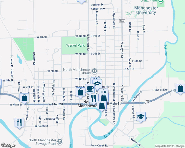 map of restaurants, bars, coffee shops, grocery stores, and more near 100 East 4th Street in North Manchester