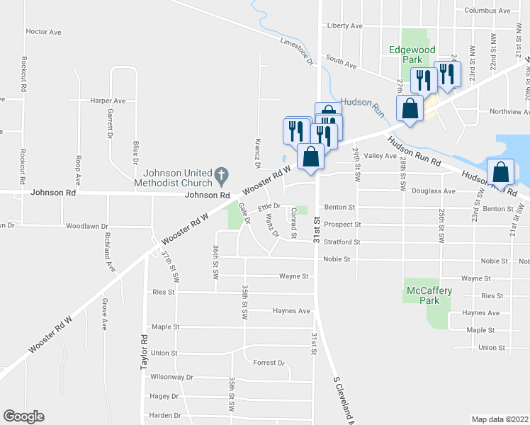 map of restaurants, bars, coffee shops, grocery stores, and more near 50 Waltz Drive in Barberton