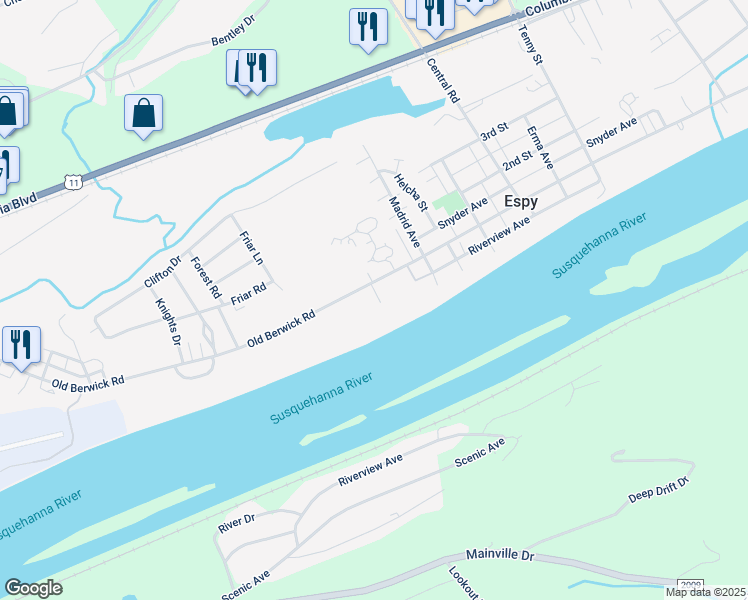 map of restaurants, bars, coffee shops, grocery stores, and more near 2008 Old Berwick Road in Bloomsburg