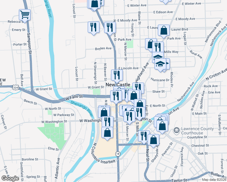 map of restaurants, bars, coffee shops, grocery stores, and more near 211 North Jefferson Street in New Castle