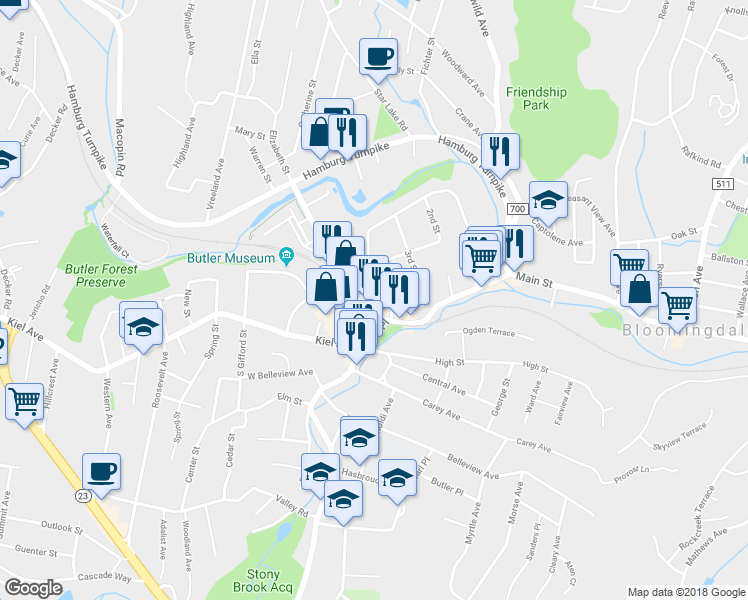 map of restaurants, bars, coffee shops, grocery stores, and more near 160 Main Street in Butler