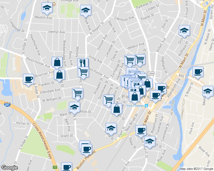 map of restaurants, bars, coffee shops, grocery stores, and more near 27 Soundview Street in Port Chester