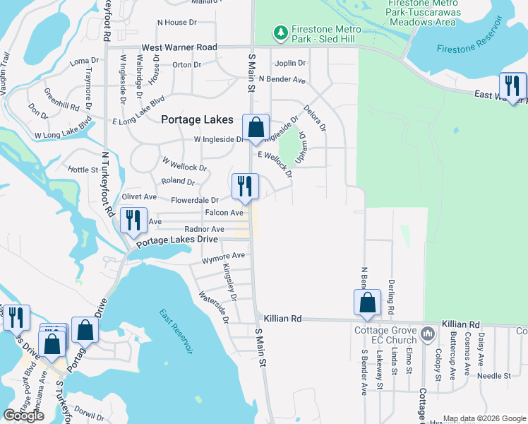 map of restaurants, bars, coffee shops, grocery stores, and more near 3122 South Main Street in Akron
