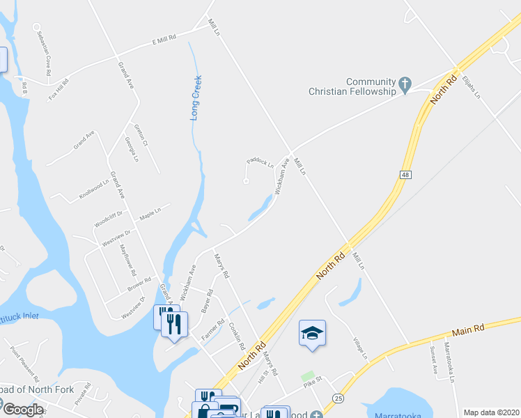 map of restaurants, bars, coffee shops, grocery stores, and more near 5005 Wickham Avenue in Mattituck