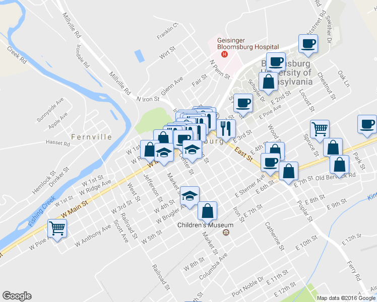 map of restaurants, bars, coffee shops, grocery stores, and more near 299 Miller Ave in Bloomsburg