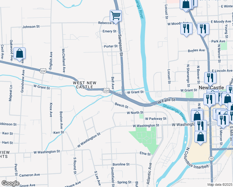 map of restaurants, bars, coffee shops, grocery stores, and more near 999 West Grant Street in New Castle