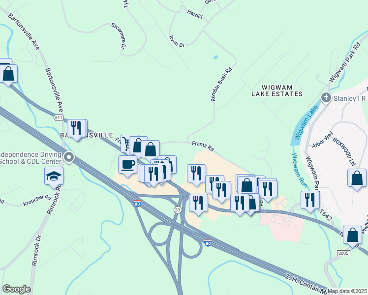 map of restaurants, bars, coffee shops, grocery stores, and more near 186 Frantz Road in Stroudsburg