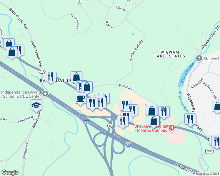 map of restaurants, bars, coffee shops, grocery stores, and more near 100-300 Frantz Road in Monroe