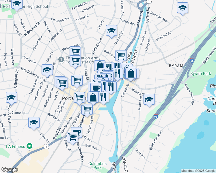 map of restaurants, bars, coffee shops, grocery stores, and more near 151 North Main Street in Port Chester