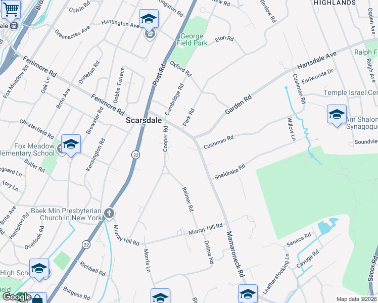 map of restaurants, bars, coffee shops, grocery stores, and more near 44 Mamaroneck Road in Scarsdale