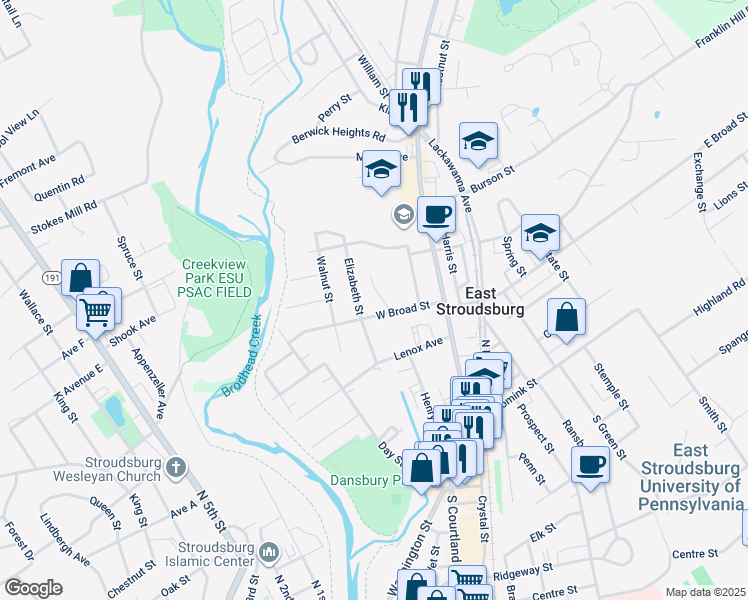 map of restaurants, bars, coffee shops, grocery stores, and more near 79 West Broad Street in East Stroudsburg