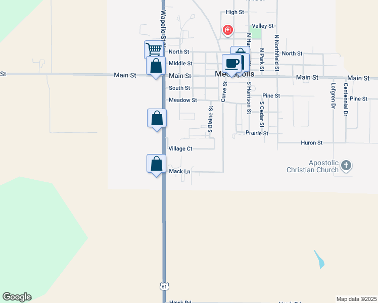 map of restaurants, bars, coffee shops, grocery stores, and more near 732 South Wapello Road in Mediapolis