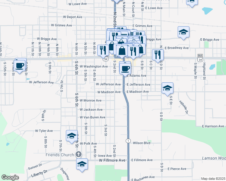 map of restaurants, bars, coffee shops, grocery stores, and more near 501-549 South 2nd Street in Fairfield
