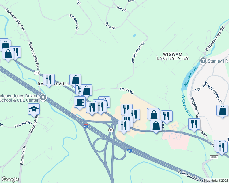 map of restaurants, bars, coffee shops, grocery stores, and more near 186 Frantz Road in Stroudsburg