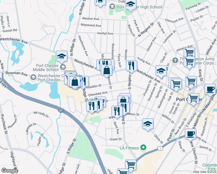 map of restaurants, bars, coffee shops, grocery stores, and more near 65 Merritt Street in Port Chester