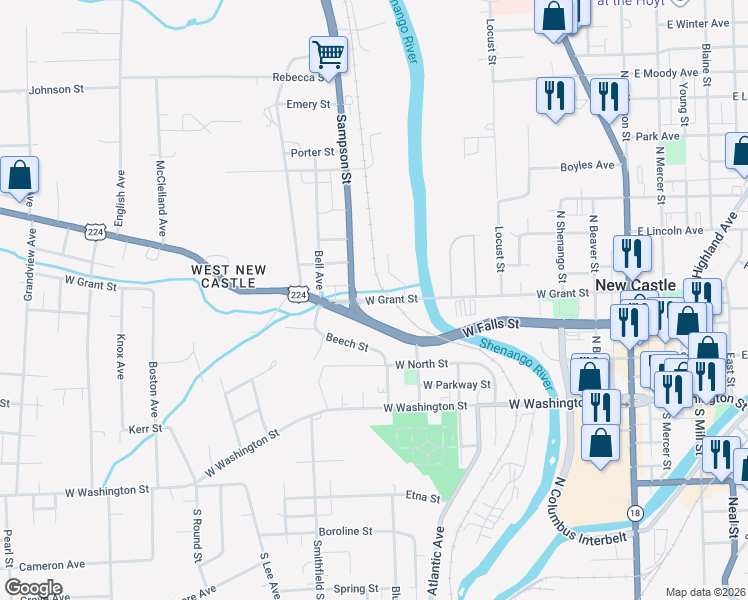 map of restaurants, bars, coffee shops, grocery stores, and more near West Grant Street in New Castle